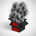 Black Friday Sale Poster with Dark Shiny Balloons Bunch flying from open black box. Vector illustration