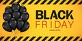 Black Friday Sale Poster with Dark Shiny Balloons Bunch Isolated on yellow Background. Vector illustration Royalty Free Stock Photo