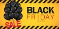 Black Friday Sale Poster with Dark Shiny Balloons Bunch Isolated on yellow Background. Vector illustration Royalty Free Stock Photo