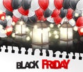 Black Friday Sale poster or flyer with shiny balloons, glowing lights garland and lanterns with surface reflection under torn out