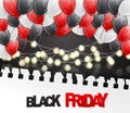 Black Friday Sale poster or flyer with shiny balloons, glowing lights garland under torn out shite sheet of paper