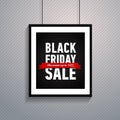 Black friday sale poster with red ribbon hanging on ropes. Trendy shopping banner. Discount up to 55. Online shopping