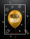 Black Friday Sale Poster with golden balloon and simple discount icons.