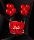 Black friday sale poster with red balloons on black Background with square frame.