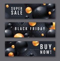 Black friday sale posters with 3D abstract black and gold spheres on dark black background. Set of typography banners. Royalty Free Stock Photo