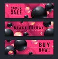 Black friday sale posters with 3D abstract black and pink spheres. Set of Typography banners. Royalty Free Stock Photo