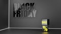 Black Friday sale realistic black cube boxes with gold text. Dark background with black text lettering in bright glowing neon