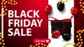 Black Friday Sale, red banner with large decorated white line on background, button, garland frame, present and balloons