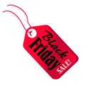 Black Friday Sale red tag on thread. Sale stamp isolated vector illustration. Digital marketing or price tag sticker