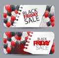 Black Friday Sale set of cards. Voucher design concept with shiny helium balloons and torn out sheet of white paper. Discount offe