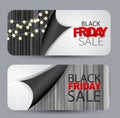 Black Friday Sale set of cards. Voucher design concept with wooden board and peeling off wrapping paper. Discount offer