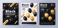 Black Friday Sale set of posters, flyers, banners design with balloons and 3d geometric dynamic golden shapes