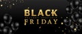 Black Friday sale. Shiny balloons with gold confetti on black background. Design for banner, flyer, invitation, website. Royalty Free Stock Photo