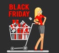 Black friday sale shop cart shopping woman purchase gift flat design character vector illustration