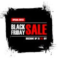 Black Friday Sale. Special offer banner with brush stroke background. Discount up to 75% off.