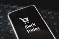 black friday sale. special offer discount text on mobile phone screen message. Get a promotional code for discounted purchases Royalty Free Stock Photo