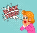 Black friday sale surprised female customer girl character shocked woman scream wow commercial business offer flat