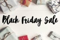 Black friday sale text. big sale offer discount sign on wrapped Royalty Free Stock Photo