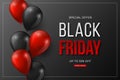 Black Friday sale typographic design. 3d stylized red color letters with glossy balloons. Black background, vector