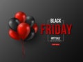 Black Friday sale typographic design. 3d stylized red color letters with glossy balloons. Black background, vector