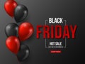 Black Friday sale typographic design. 3d stylized red color letters with glossy balloons. Black background, vector