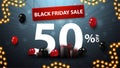 Black Friday Sale, up to 50% off, blue discount banner with large white 3D text, presents and balloons Royalty Free Stock Photo