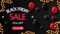Black friday sale, up to 25% off, creative black banner with gifts near the black wall and ballons