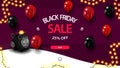 Black friday sale, up to 25% off, discount purple banner with piggy Bank and balloons for website