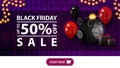 Black friday sale, up to 50% off, horizontal purple discount banner with piggy Bank, balloons and gifts