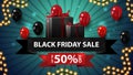 Black friday sale, up to 50% off, modern discount banner in the form of ribbon with gifts and ballons