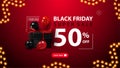Black Friday Sale, up to 50% off, modern discount banner for your website with black present box, red and black balloons. Royalty Free Stock Photo