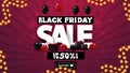 Black Friday Sale, up to 50% off, pink discount banner with large white volumetric offer, presents and balloons.