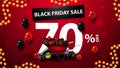 Black Friday Sale, up to 70% off, red banner with large volumetric offer, wheelbarrow with presents to black friday, balloons.