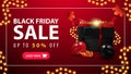 Black Friday Sale, up to 50% off, red discount banner with black present box wrapped with garland, falling maple leafs, balloons Royalty Free Stock Photo