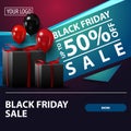 Black friday sale, up to 50% off, square purple discount banner with gifts for your website Royalty Free Stock Photo