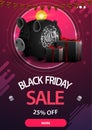 Black friday sale, up to 25% off, vertical purple discount banner with piggy Bank