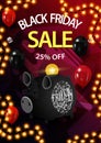 Black friday sale, up to 25% off, vertical purple discount banner with piggy Bank, garland and gifts