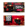 Black Friday Sale, up to 50%, set of horizontal banners with present boxes and balloons. Discount banners isolated on white Royalty Free Stock Photo