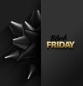Black Friday Sale vector banner on black background. Half side with golden text and black ribbon bow