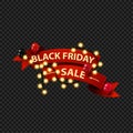 Black Friday Sale, web banner in the form of red 3D ribbon wrapped with garland and decorated with balloons