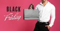 Black Friday Sale. Young man with shopping bag on pink background, banner design Royalty Free Stock Photo