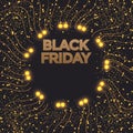 Black Friday sales banner. Gold sparkling circle frame with text. Vector poster illustration.