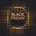 Black Friday sales banner. Gold sparkling circle frame with text. Vector poster illustration.