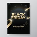 Black Friday sales banner. Gold sparkling circle frame with text. Vector poster illustration.