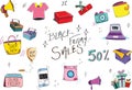 Black Friday Sales Icon Set in Doodle Style Part 1 on white background. Royalty Free Stock Photo