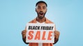 Black Friday sales poster, happy man or surprise ads commercial, discount promo banner or studio sign. Billboard, info