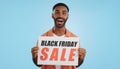 Black Friday sales poster, happy man or surprise ads commercial, discount promo banner or studio sign. Billboard, info