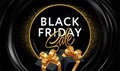 Black Friday Sales Promotional Banner Design. 3d Gifts, Gold Round Frame, Gold Glitter, Black Flow Gradient Background