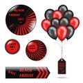 Black friday sales set of icon and stickers with shiny balloons red black color. Vector stock