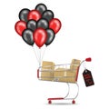 Black friday sales. Shopping cart trolley full carton boxes and red black balloons. Realistic Vector